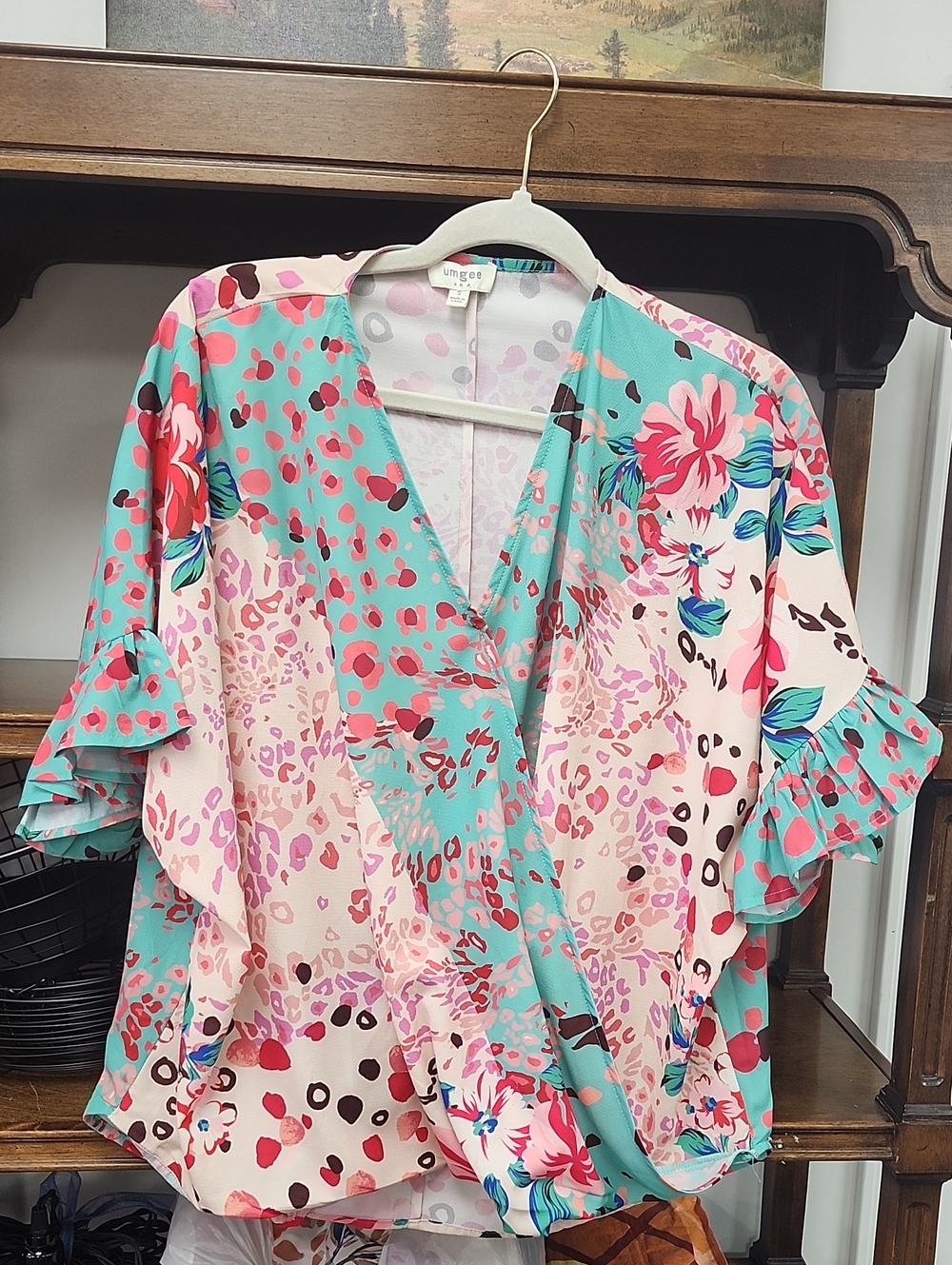 Umgee Pink & Teal Floral Wrap-Front Women's Top
